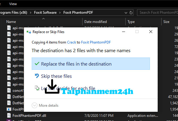 Chọn Replace the files in the destination