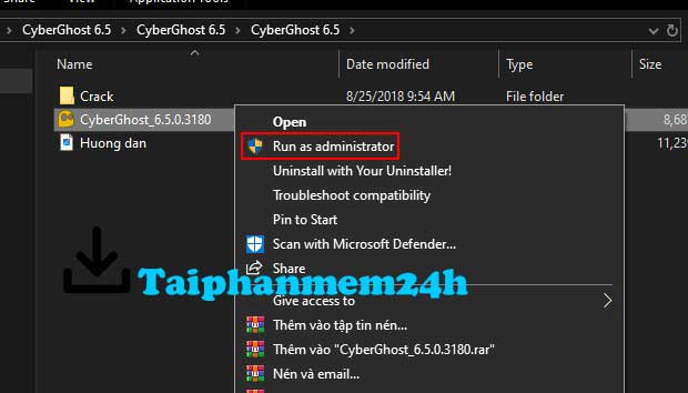 Cyberghost VPN 6.5 Chạy file cài đặt bằng quyền admin